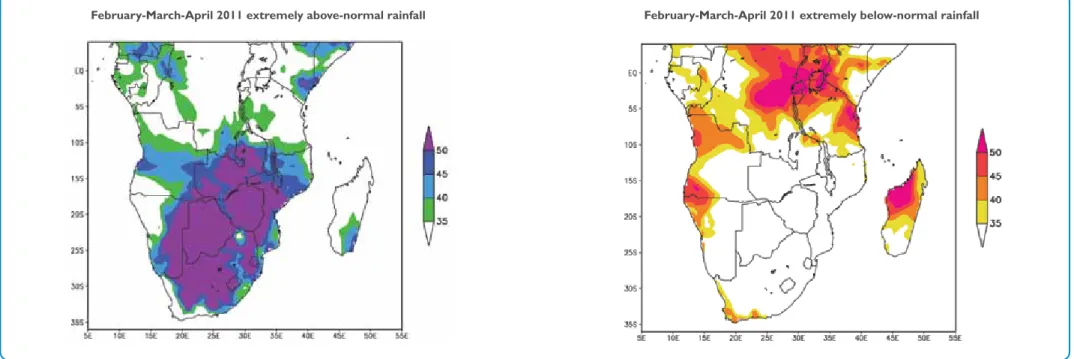 Figure 2.1:  Multi-model probabilistic forecast for the likelihood of February-March-April 2011 rainfall totals exceeding the 85 th  (extremely wet; left panel) and 15 th  (extremely dry; right panel)  percentiles of the climatological record