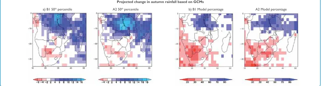 Figure 3.2:  MAM season:  a) Median change in average rainfall by 2030-2060 (mm season -1 );  b) Percentage of models suggesting an increase in rainfall.