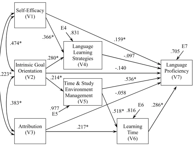 Figure 3.  Full path model tested with standardized path coefficients. *p < .05. 