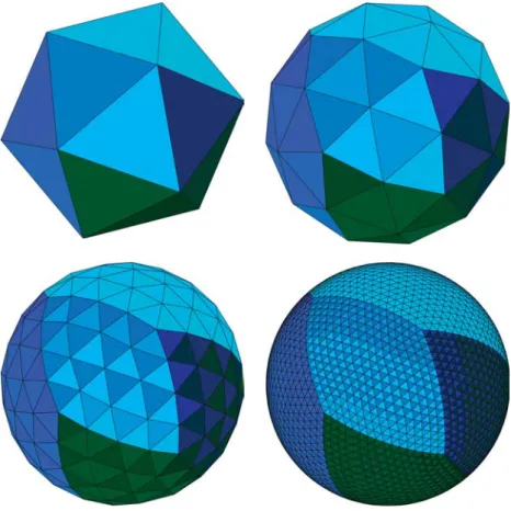 Fig. 1 The icosahedral grids. Grid division level (glevel) is 0 (left top), 1 (right top), 2 (left bottom), and 4 (right bottom)