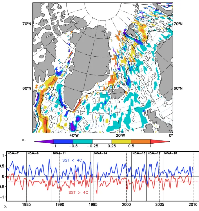Figure 3. Time mean difference between Pathfinder SST and contemporaneous in situ SST in the  sector 50 o -90 o N, 90 o W-60 o E