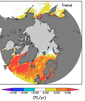 Figure 5. Left panel shows linear trend (1982-2010) of annual SST poleward of 50 o N. Right panel  shows the difference of the five-year average SST 1995-1999 minus 1990-1994