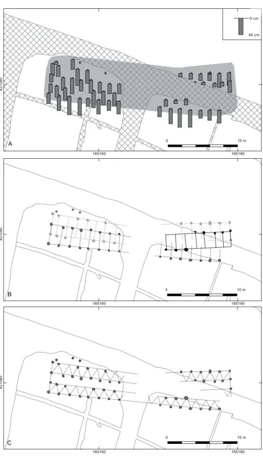 Figure 5 The depths of the postholes (A) and the reconstructed houseplan(s) (B; C)CBA 40 cm0 cm16516016518042108010 m016516016518042108016516016518042108010 m010 m0
