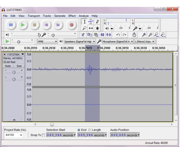 Figure 5: Screenshot of the program Audacity 1.3.14-beta. An individual click duration is  being measured: zooming into the waveform very closely, I highlighted an estimated  duration of the individual click duration and estimated the duration from the bol