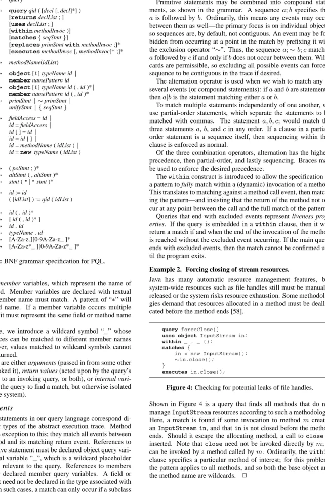 Figure 3: BNF grammar specification for PQL.