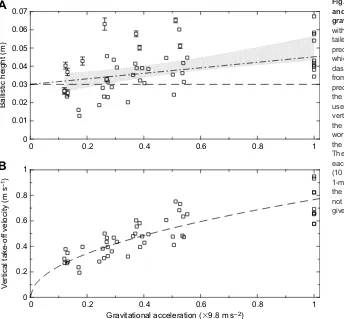 Fig. 3. A log–log plot of vertical take-off velocity against gravitational acceleration shows that the impulsive model yields the best fit when Efreq∝f2