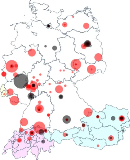 Figure 3: Geographical distribution and size of newspapersources. Old sources shown in black, newly ac-quired sources shown in red.