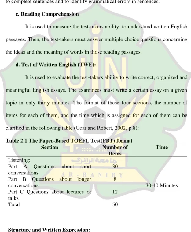 Table 2.1 The Paper-Based TOEFL Test(PBT) format 