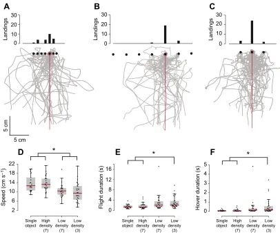 Fig. 6. Odor tracking in visual clutter. (A(B) low-density visual clutter (seven landmarks at 3 cm separation,(D–C) Flight trajectories in the presence of (A) high-density visual clutter (seven landmarks at 1 cm separation, N=24), N=23) and (C) low-density visual clutter (three landmarks at 3 cm separation, N=29).–F) Flies significantly decreased (D) speed and increased (E) flight duration and (F) hover duration in the presence of low-density visual clutter.