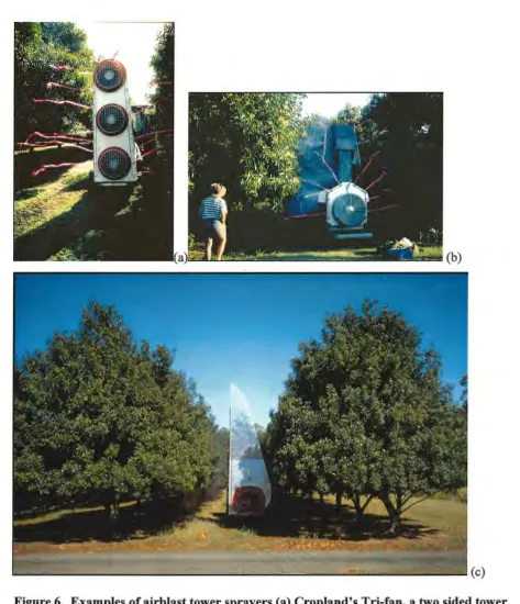 Figure 6. Examples of airblast tower sprayers (a) Cropland's Tri-fan, a two sided tower with 3 fans, (b) Jan-ell's Jen-Tech-Raider 2000, a two sided with two separate fans and (c) the Hardi eco-tower, a single sided tower