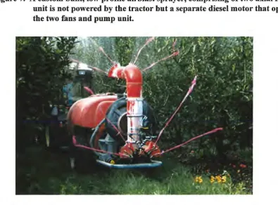 Figure 8. A Silvan air-shear sprayer set up to spray apples with a short tower . There are four outlets on this tower, two per side