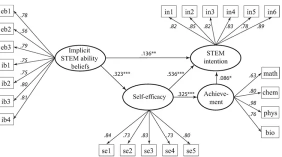 Figure 2. Structural mediation model of the influence of implicit beliefs about the malleability of STEM ability  on STEM related self-efficacy beliefs and the intention to opt for a STEM bachelor’s degree