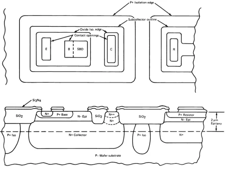 Figure 1 Top and section drawing of transistor, Schottky barrier diode, and resistor