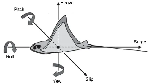 Fig. 1. The six degrees of freedom that specify the position andorientation of the batoid (ray) body