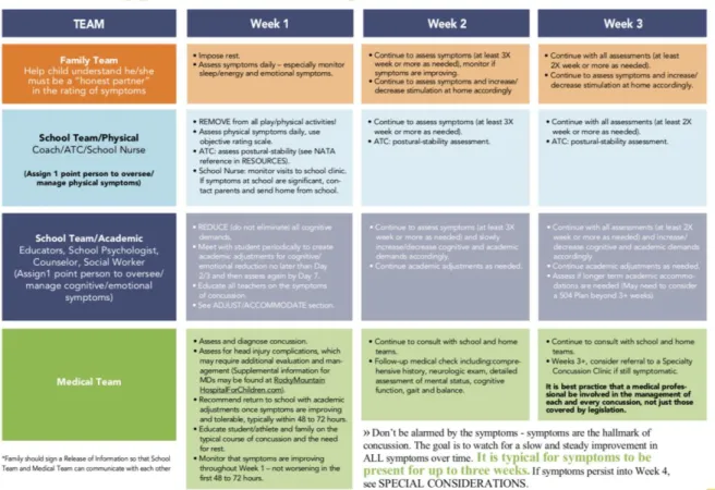 Figure 1. Example of the multidisciplinary approach utilized in the REAP program and what  each person’s role is over the course of the students concussion injury