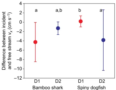 Fig. 2. Longitudinal incident flow to the dorsal fins is decelerated in thefirst dorsal fin of bamboo sharks and in the second dorsal fin of spinydogfish relative to free-stream flow