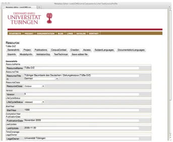 Figure 2: Metadata editor displaying a part of the metadata for the resource T¨uBaD/Z, a treebank for German.
