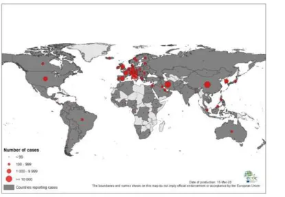Fig. 1. Geographic distribution of COVID-19 cases worldwide, as of 15 March 20202