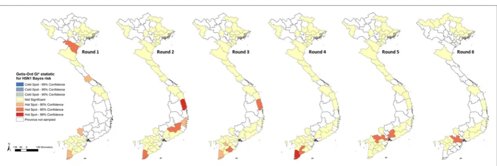 FigUre 2 | Local Indicators of Spatial Association cluster maps and Moran’s I statistics of highly pathogenic avian influenza H5N1 Bayes risk for Rounds 1–6.