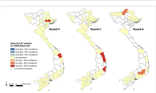 FigUre 5 | Local Indicators of Spatial Association cluster maps and Moran’s I statistics of empirical Bayes risk estimates of highly pathogenic avian influenza H5N6 for Rounds 4–6.