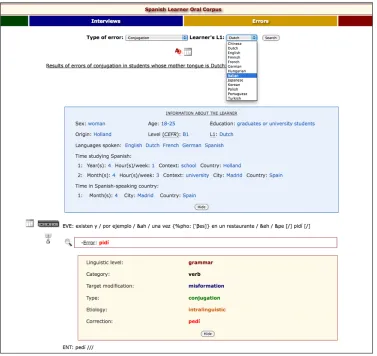 Figure 1: Screenshot of the tool with the menu for type of error, the results retrieved and information about the learner