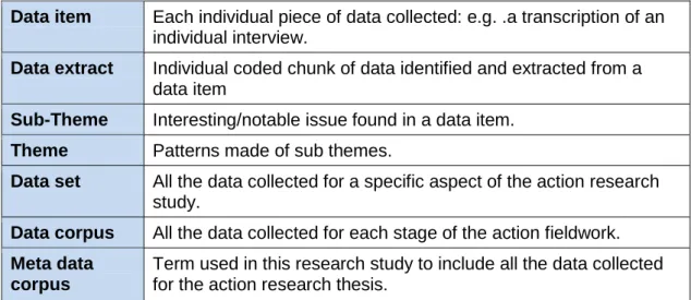 Table  3.3:  Data  collection  and  recording:  glossary  of  terms  based  on  Braun and Clarke (2006, p79) 