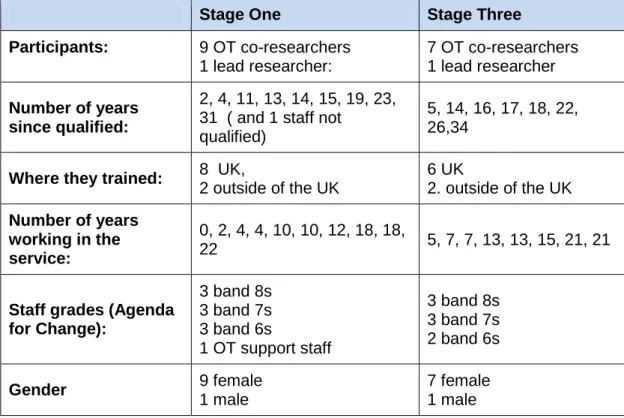 Table 3.2: Demographic details of the occupational therapy team in the  local study at the end of stage one and beginning of stage three 