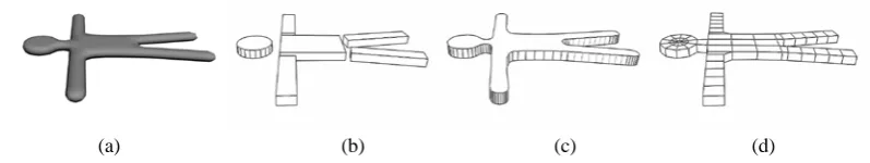 Fig. 1. An example of a task (a) and the main variants of interpretation: (b)-modeling using simple figures, (c)-extrusion, (d)-polygonal modeling with smoothing