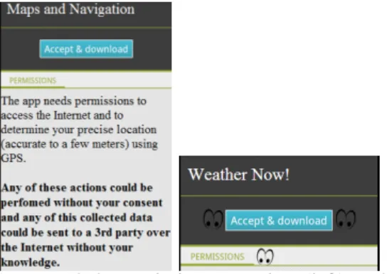 Figure 1: Extended Permissions Warning (left) and Visual Warning on Permissions Screen (right)