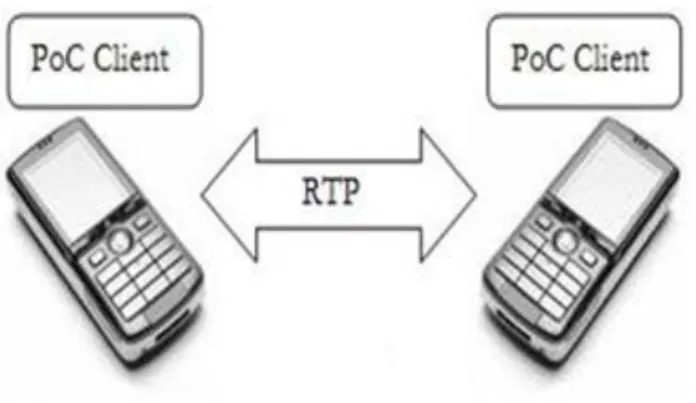 Fig. 6. Client-Server approach, The application on the clients uses  SIP signalling with RTP as the voice carrier between the server and  the clients