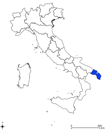 Figure 1. Location of the study area in Italy (on data from gadm.org). The dark blue area indicates thearea in the Italian region of Apuglia where Xylella fastidiosa is present