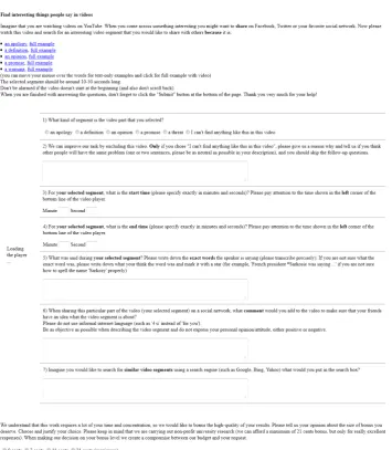 Figure 1: Amazon MTurk HIT example that was used to gather long and short queries (Questions 6 and 7) associated withcertain speech acts (Question 1), time stamps (Questions 3 and 4) and transcript (Question 5) of the relevant content