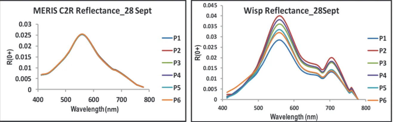 Figure 5.2:  MERIS predicted and WISP-3 measured reflectance spectra typical of Lake IJsselmeer  5.2  Atmospheric Correction Evaluation 