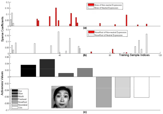 Figure 4. The sparse coefﬁcients and the activeness values of an example surprise expression