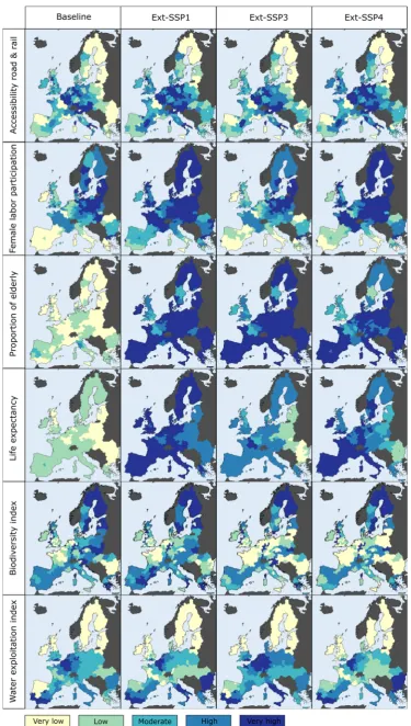 Figure 1. Sample of the available projections of variables related to human vulnerability, under the three extended SSPs (2050) and the baseline (2015) conditions, for the 28 member countries of the European Union, at the NUTS-2 level