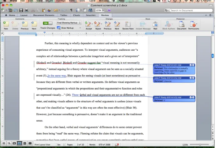 Fig. 2. The “track changes” feature in Microsoft Word, in which changes made by another user  are recorded in the current document