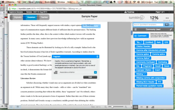 Fig. 5. Instructor view of feedback in Turnitinʼs GradeMark, with drag-and-drop “Commonly  Used” comments to the right