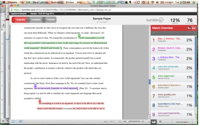 Fig. 7. An originality report in Turnitin with matches from sources highlighted in corresponding  colors