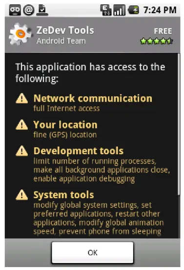 Figure 2 shows an example permission definition. Note that the description and label are resources to  aid in localizing the application