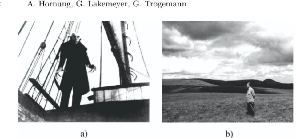 Fig. 1. Examples of visual emphasis of narrative content. a) A dark, low-angle camera shot emphasising the evil, terrifying nature of the vampire Nosferatu
