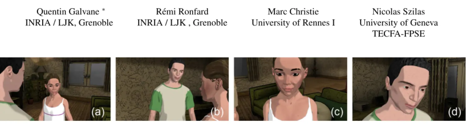 Figure 1: Camera behaviors for a cinematic replay: (a) CU on F rank 3/4backright screenleft and Lili center (b) CU on Lili 3/4backright screenleft and F rank center , (c) POV F rank MCU on Lili screencenter and (d) POV Lili CU on F rank screencenter