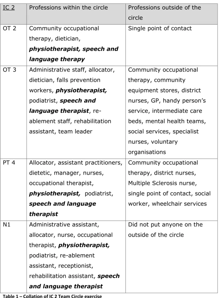 Table 1 – Collation of IC 2 Team Circle exercise 