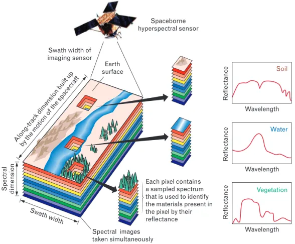 FIGURE 1. The concept of imaging spectroscopy. An airborne or spaceborne imaging sensor simul- simul-taneously samples multiple spectral wavebands over a large area in a ground-based scene