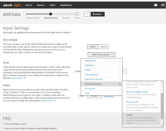 Figure	  3.3:	  Procedure	  of	  specifying	  of	  the	  log	  messages	  sourcetype	  in	  the	  process	  of	  the	  Splunk	  web	   application	  configuration	  