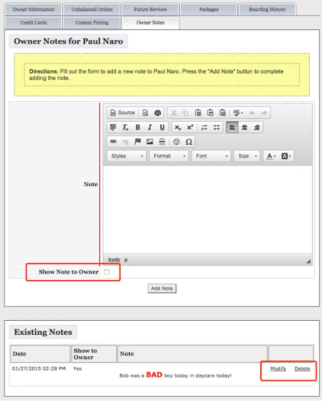 Figure 5 - Owner Notes 