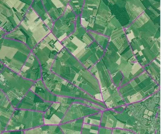 Figure 4. Extracted 3D roads and road network in the test site   in the Netherlands superimposed on image as pink lines