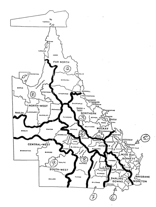 FIGURE 2: MAP OF QUEENSLAND SHOWING REGIONS USED FOR ANALYSIS OF DATA FROM SEROLOGICAL SURVEY OF CATTLE 
