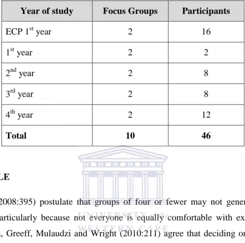 Table 0.2:  Planned focus group interviews with student nurses at a College of  Nursing in the Western Cape  