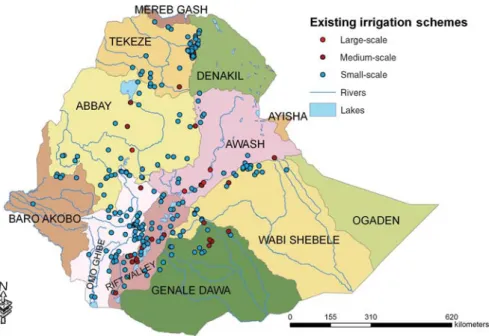 FIGURE 1. Existing irrigation schemes in various river basins in Ethiopia (Source: Awulachew et al