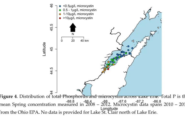 Figure 4. Distribution of total Phosphorus and microcystin across Lake Erie. Total P is the 44